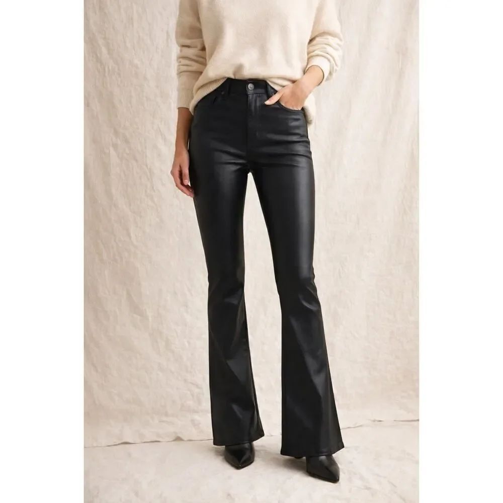 7 For All Mankind Buttery Black Faux Leather Stretchy Flare Jeans High Rise 31